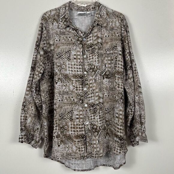 Chico’s Linen Tunic Top Women's XL 3 Neutrals Geometric Paisley All Over Print - Picture 1 of 8
